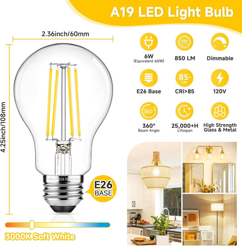 Dimmable A19 Bulb 60W 6W Bulbs 3000K 850 E26 4 Pack ASOMST LED Filament Equivalent, Vintage Edison Light Soft White LM