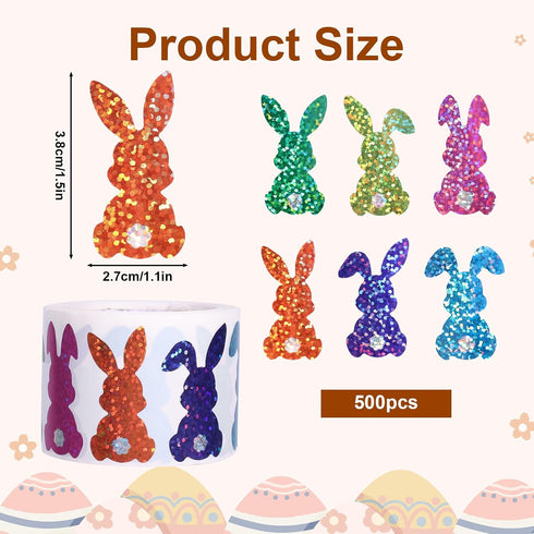 Fukaisu 500pcs 1.1x1.5in 6 Glitter Easter Egg Bunny Stickers, Holographic Rabbit Sticker Roll Colors Envelope Seals