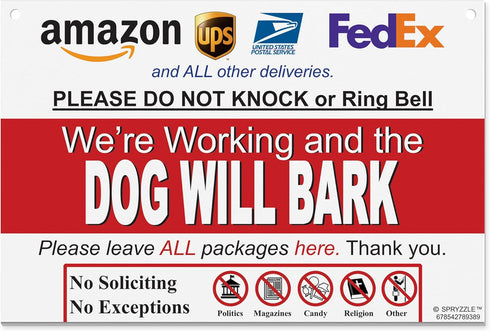 Do Not Knock or Ring Bell Leave Package Sign - The Dog Will Bark (Hang Sign)