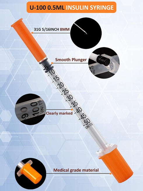 100 Pack 0.5ml 31G 0.5cc 5/16 Inch (8mm) Disposable Syringe, Lab Supplies Syringes, Individually Wrapped