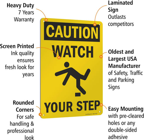 SmartSign-S-4431-AL-14 "Caution - Watch Your Step" Sign | Aluminum 10" x 14", Black on Yellow