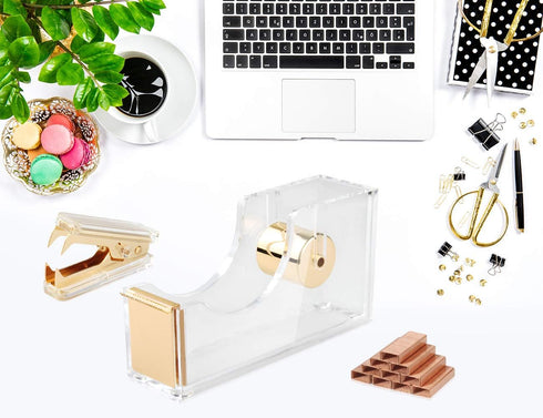 Gold Acrylic Stapler Set, Desk Accessory & Decoration Kit, Includes Clear Stapler, 1000 Staples, Tape Dispenser