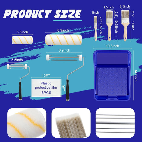 Lanties 20 Set, 9"4" Pieces Paint Roller Roller, Brush, Tray, Blue Tape and Plastic Drop Cloths Blue Paint Supplies