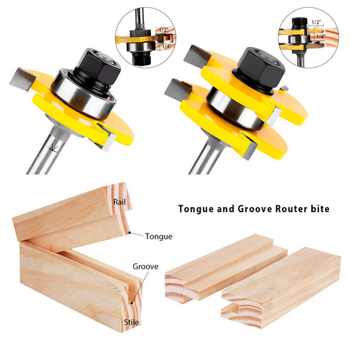 KOWOOD Tongue and Groove Set, 2 Pieces 1/4 Inch Shank Router Bit, 3 Teeth Adjustable T Shape Cutter