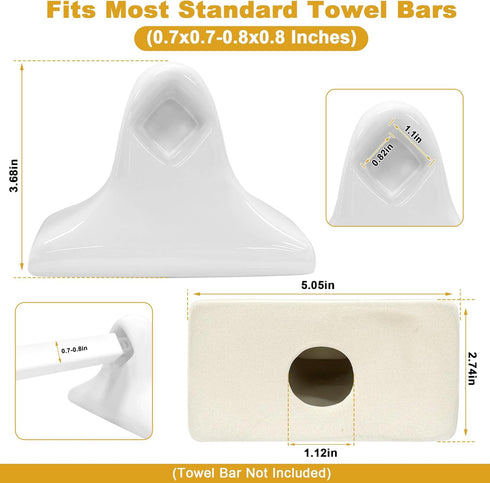 2 Packs Set White Ceramic Porcelain Towel Bar Brackets - Vintage Retro Mid Century Modern Wall/Tile Mount Flat Back