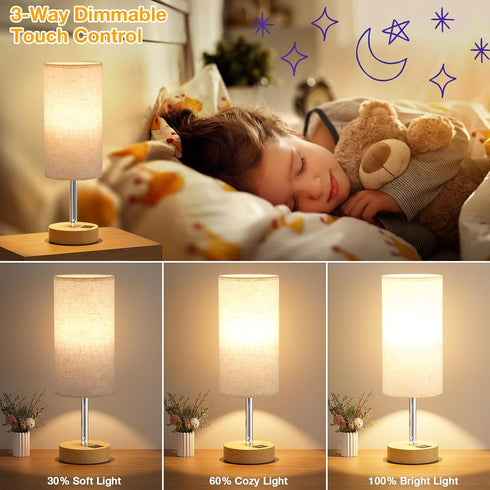 3 Dimmable 14in Dicoool Touch Bedside Table Lamp with USB - Way Wood Lamp for Bedroom Nightstand, Desk Lamp