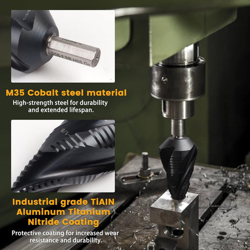 MulWark Four Spiral Flute Cobalt Step Drill Bit Set with Automatic Center Punch, Industrial Grade Coated Step Bits