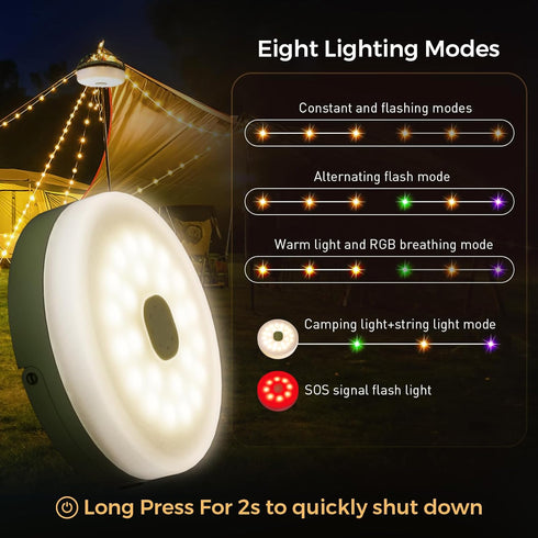 32.8FT 8 Camping String Lights, Quick Storage Rechargeable Tent Lights String with Modes, Hanging Waterproof Portable
