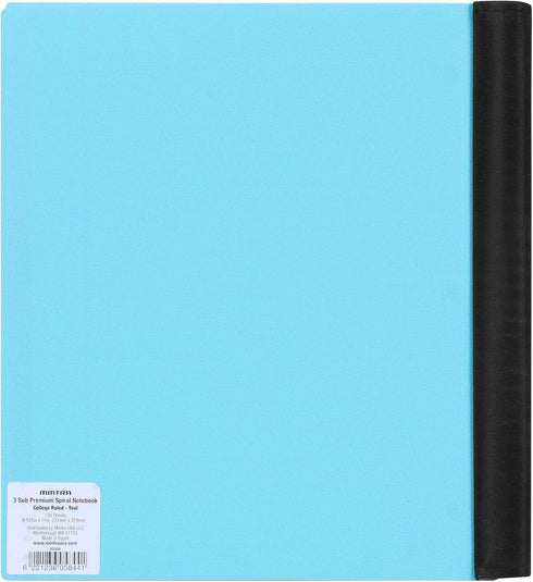 Mintra Office Durable PREMIUM Spiral Notebook, ((Teal, 3 Subject, 8.5in x 11in)), Fabric Covered Coils, No Snags, Removable Adjustable Pocket Dividers, Ruler, Organization, Customizable
