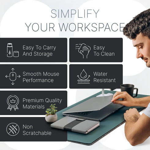 Nordik Felt and Leather Desk Mat, Non-Slip Green 35 X 17 Inch, Vegan Leather Desk Pad, Document Organizers, Desk