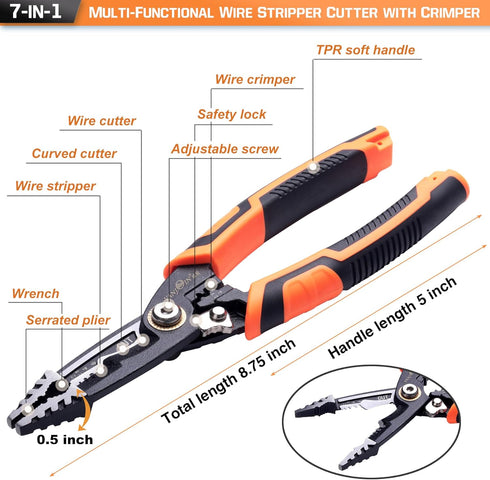 7-in-1 Wire Stripper Tool, Wire Stripper Cutters, Wire Stripper Crimper Pliers Electrical Stripping Tool for Electric Cable Stripping Cutting and Crimping
