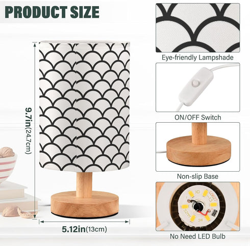 ALAZA Bedside Table Lamp for Bedroom Black White Mermaid Scales Nightstand LED Light Lamps with USB Port Linen Fabric