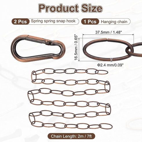 7ft 2.4mm/0.09" 2 uxcell Lighting Hanging Chain, Looping Metal Pendant Chandelier Chain Extension with Spring Snap Hook