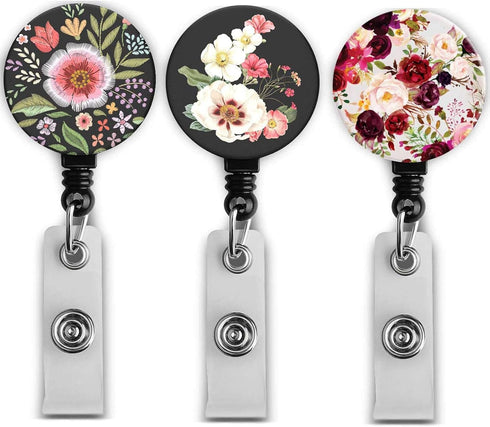 Badge Reel Retractable Badge Holder with Carabiner and Alligator Clip On ID Card Holders (Amazing Floral 3pack)