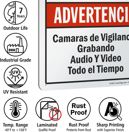 SmartSign-S-9392-AL-14 "Warning - Audio & Video Surveillance On Duty At All Times" Bilingual Sign | Aluminum 10" x 14"