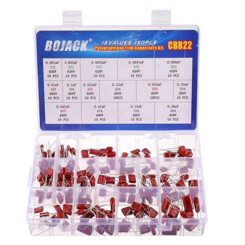 BOJACK 15 Values 150 Pcs Metallized Polypropylene Film DC Capacitor, 400V/0.01uF ~ 0.56uF, 630V/0.001uF ~ 0.068uF
