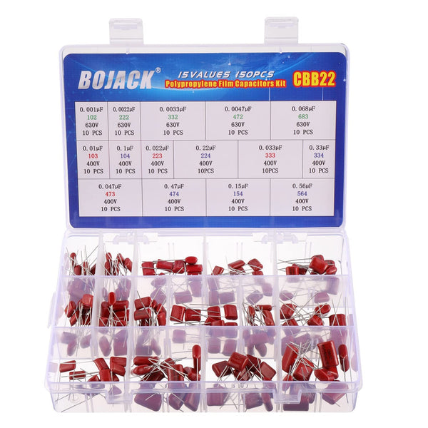 BOJACK 15 Values 150 Pcs Metallized Polypropylene Film DC Capacitor, 400V/0.01uF ~ 0.56uF, 630V/0.001uF ~ 0.068uF