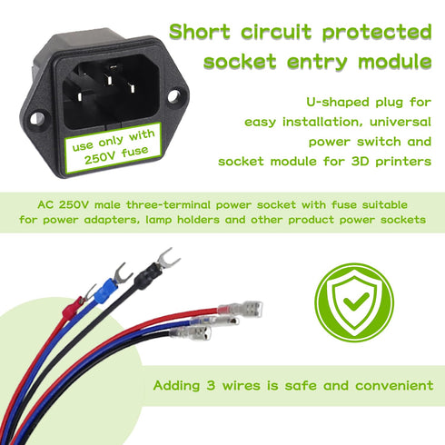 AC 250V 10A 2 in 1 Mount Inlet Module Plug Socket Power Entry Connector, Male Blades with 10A Fuse
