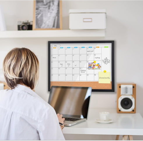 Monthly Whiteboard Calendar with Cork Board for Wall, 17"x13", Magnetic Dry Erase Board with Black Wood Frame