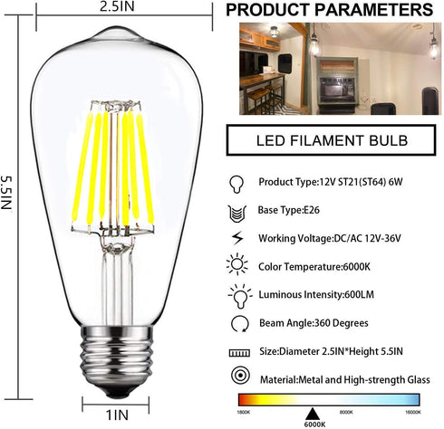 12V Edison Bulb 6W E26 12V LED Bulb Daylight 6000K 60W Equivalent, AC/DC 12V 24V 36V Low Voltage LED Light Bulb for RV Camper Marine, Off Grid Cabin, Trailer, 3 Pack by SHUWDKAR