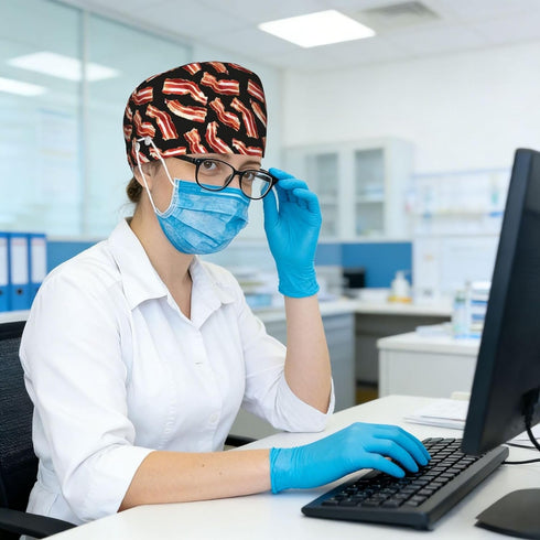 Nurse Scrub Cap Men Women with Buttons - Bacon Pattern A Print Soft Comfy Surgical Cap, Adjustable Tie Back Scrub Nurse