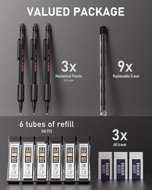 Nicpro 0.5 mm Mechanical Pencil Set with Case, 3PCS MP2000 Metal Artist Pencil with Lead Refills