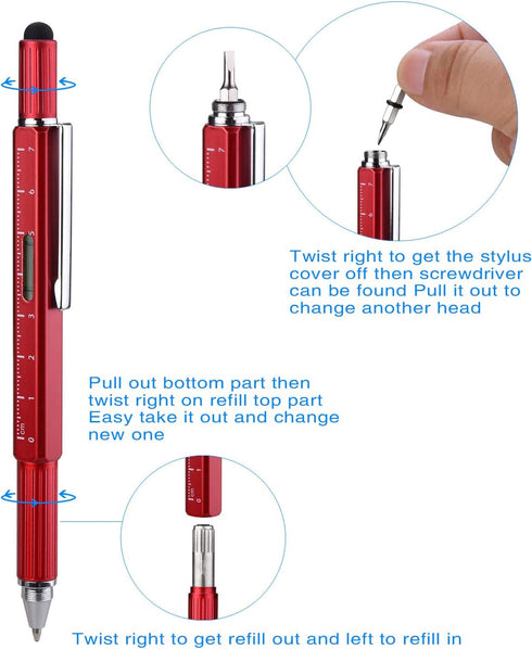Useful Gadgets Business Gift, 6 in 1 Silver Tool Pen with Ruler, Level Gauge, Ballpoint Pen, Stylus, 2 Screw Drivers
