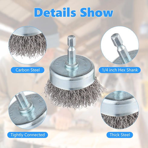 10-Pack Set 1/4-Inch Rocaris Carbon Steel Wire Wheel, Cup, Pen Brush with Hex Shank for Rust Removal, Corrosion