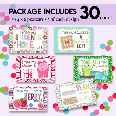 I Miss My Students Blank Postcards for Teachers, 30 Total 4"x6" Fill In Notecards (5 of Each Design)