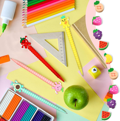 Chinco 24 Pieces Cute Mechanical Pencils with Fruit Erasers, Refills, and Fun Toppers for Girls, Kids, Students (0.5 mm)