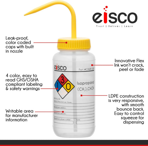 EISCO 6PK Wash Bottle for Isopropanol, 500ml, Labeled with Color Coded Chemical & Safety Information