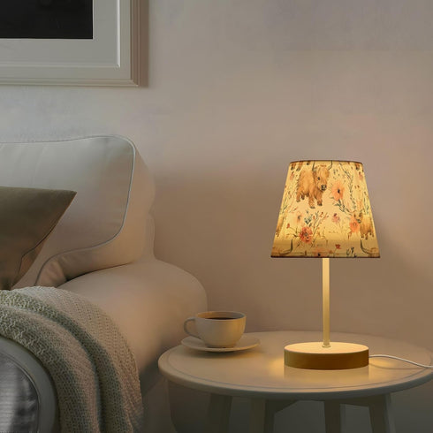 Bedside Lamp Cute Highland Cows Flowers Table Lamp Bedroom LED Nightstand Desk Lamp Lampshade for Sleeping Living Room