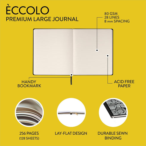 WORLD TRAVELER Eccolo Large Lined Journal Notebook, Flexible Cover, 256 Ruled Ivory Pages, Ribbon Bookmark, Lay Flat,