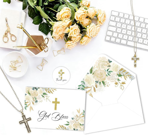 SMUAENSS 24 Pack Communion Christian Thank You Cards, Watercolor Floral Cross Baptism Thank You Cards with Envelopes