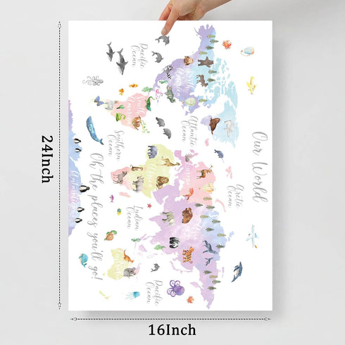 Vlejoy Pink Animal World Map Poster Print, 16x24in Canvas Wall Art for Girl's Bedroom & Classroom Decor