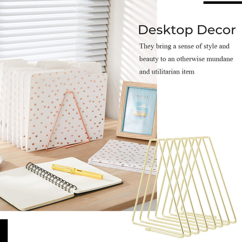 Y YOMA 1 Pack Gold File Folder Racks Triangle Magazine Holder Metal File Organizer for Desk Decorative File Sorter Display Rack for Office Home, 7 Compartments by Y YOMA