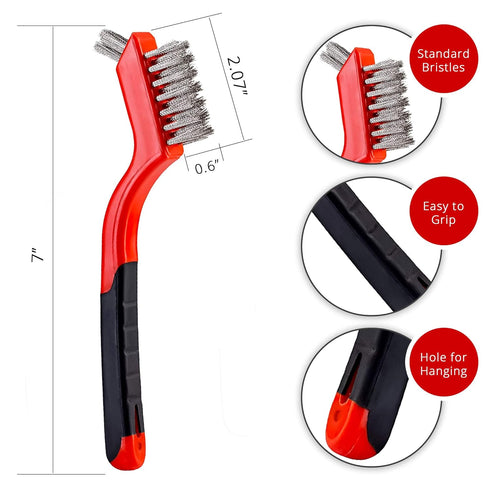 Wire Brush Set 3Pcs - Nylon/Brass/Stainless Steel Bristles with Curved Handle Grip for Rust, Dirt & Paint Scrubbing with Deep Cleaning – 7 Inches (Red)
