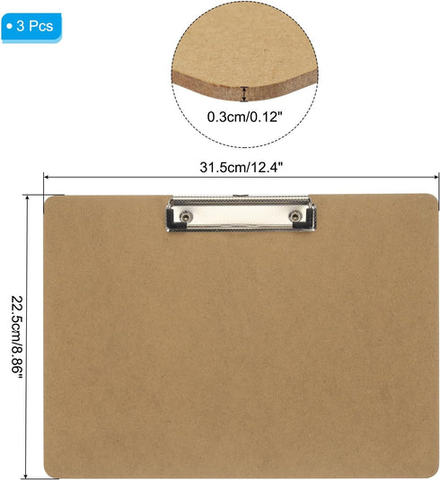 PATIKIL 8.9 x 12.4" Horizontal Clipboard, 3 Pcs Extra Large Landscape Layout Hardboard with Low Profile Clip, Paper Legal Size Board for Lap, Drawing, Sketching, Office,Brown by PATIKIL