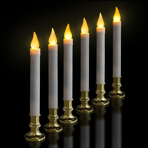 Pack 6 5/19 FURORA LIGHTING LED White Taper Candles with Gold Holders of with Timer, Elegant Flameless Glow for Home