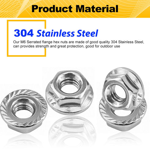 Mriuuod 55 Pack M6 M6-1mm 304 Serrated Flange Hex Nuts, Hexagon Flange Nuts, Stainless Steel, Metric Nuts Fasteners