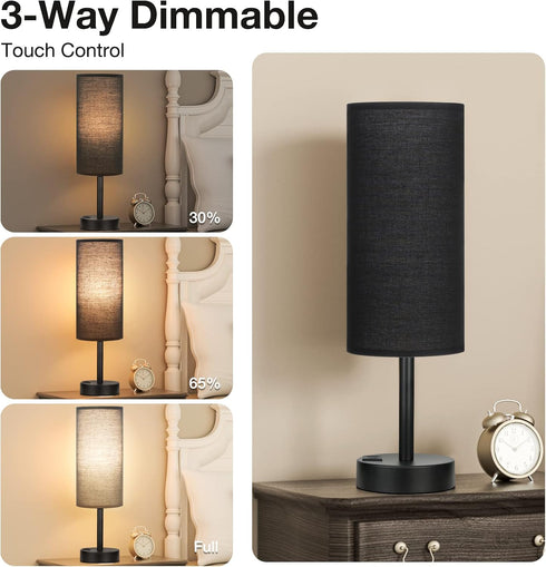 3 Dimmable Black Touch Nightstand Lamps for Girl - Small Bedside Lamp with USB-C and USB Charging Ports, Way Control
