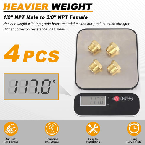 KOOTANS 4pcs Heavy Duty Brass Reducer Hex Bushing, 1/2 NPT Male to 3/8 NPT Female Thread Pipe Adapter