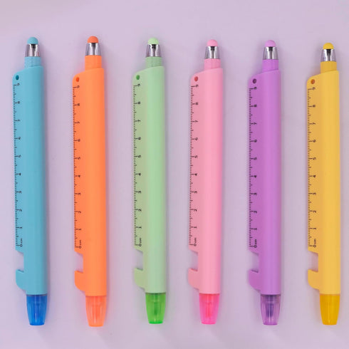 6 4-in-1 Highlighter9cm 6 PCS Multifunctional Pen - Blue Ink Ballpoint Pen, Ruler & Touch Screen Stylus, Assorted