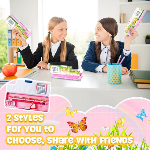 Henoyso Pencil Box with Calculator and Pencil Sharpener, Multifunction Cool School Supplies for Kids, Teens (Flower)