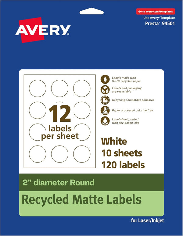 Avery EcoFriendly Matte White Recycled Round Labels, 2" Diameter, 120 Printable Labels, Permanent Adhesive, Laser/Inkjet