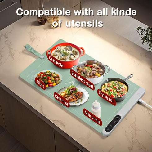 6 Settings, 23.6 inch) OKAN Electric Silicone Food Warmer Mat with Heat-Resistant Table Protector Temp Auto Shut-Off