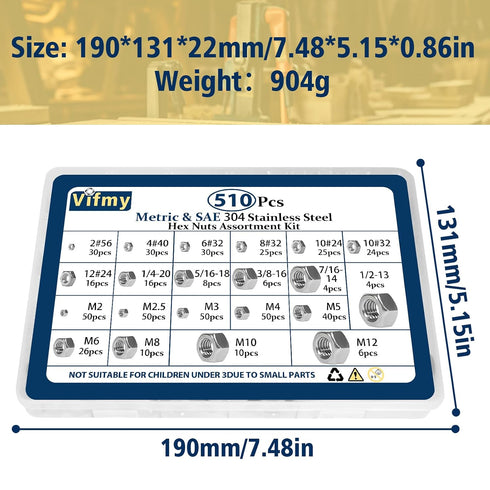 Vifmy 2 1 Kit(510pcs),2#56 4#40 6#32 8#32 10#24 10#32 12#24 1/4-20 5/16-18 3/8-16 7/16-14 1/2-13 M2 M2.5 M3 M4 M5 M6 M8