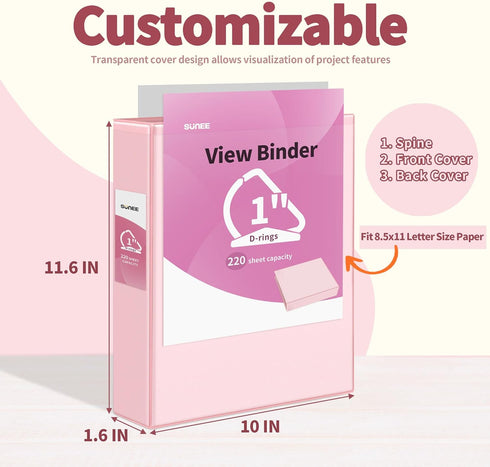 SUNEE 3 Ring Binder 1 Inch D Ring, Clear View Binder Three Slant Ring PVC-Free (Fit 8.5x11 Inches) for School Binder or Office Binder Supplies, Assorted Pastel Binder, 4 Pack by SUNEE