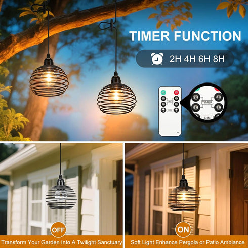 Lightess Outdoor Chandelier for Gazebo Lights Battery Operated, Black Battery Powered Hanging Light Pendant Waterproof