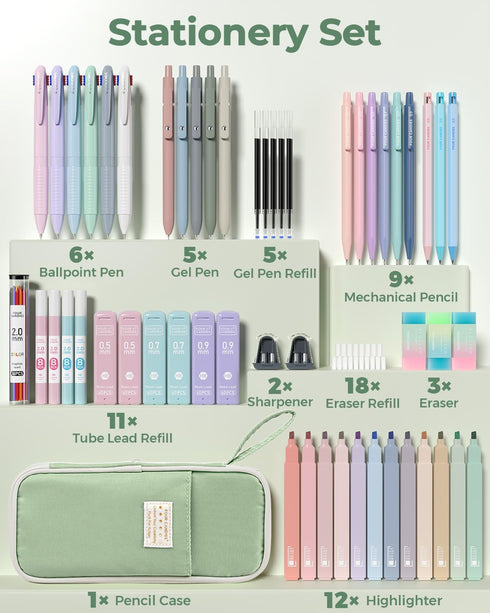 56 6 12 5 9 Set Four Candies PCS Aesthetic School Supplies with Pencil Case, Multicolor Pen, Pastel Highlighters, Gel